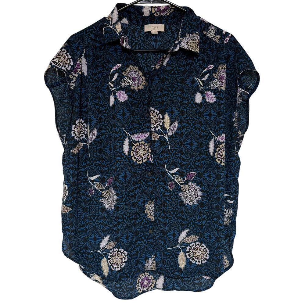 LOFT Boxy Floral Button Down Blouse Blue Size Medium Cap Sleeve Lightweight